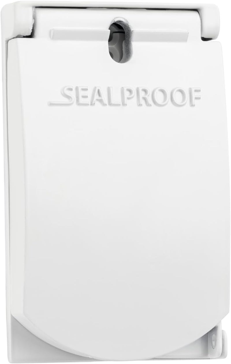 Sealproof 1-Gang Vertical Weatherproof Outdoor Metal Flat Outlet Cover, Single Gang Electrical Power Receptacle Protector, UL Listed, 4-in1, White - Image 1